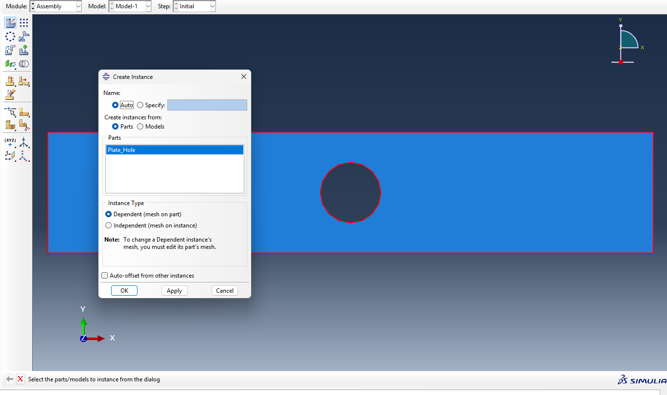 Creation of an instance in the model's assembly.