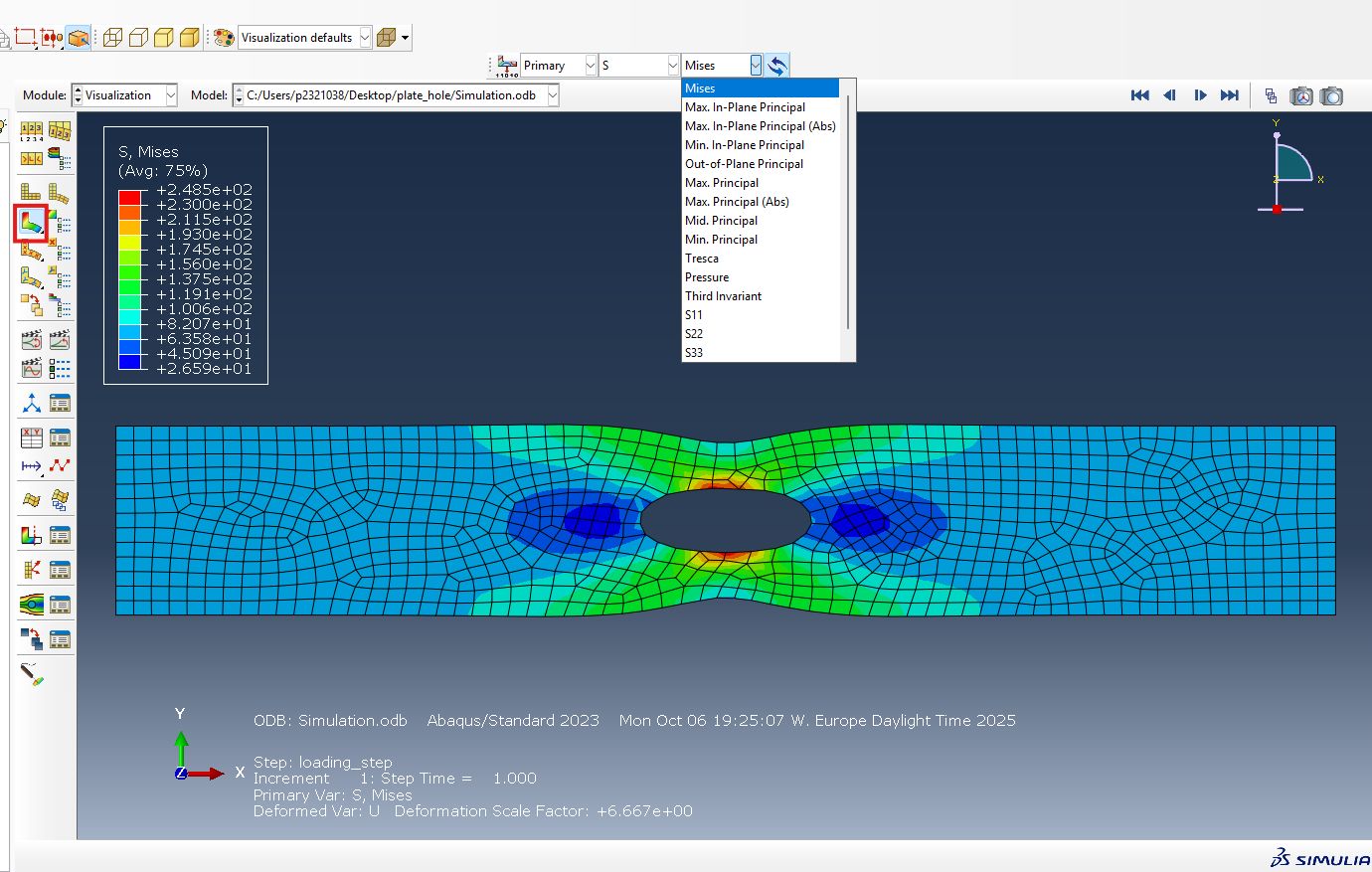 Stress contour of the plate with a hole.