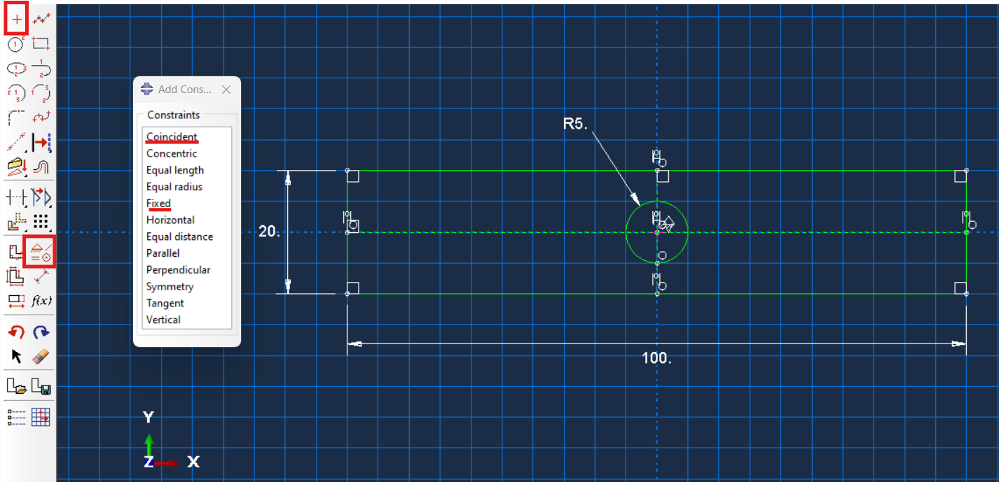 Fully defined sketch of the plate with a hole.