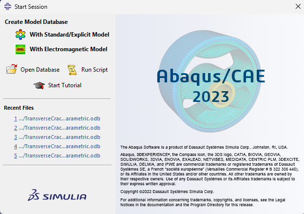 Start-up dialog in Abaqus/CAE 2023.