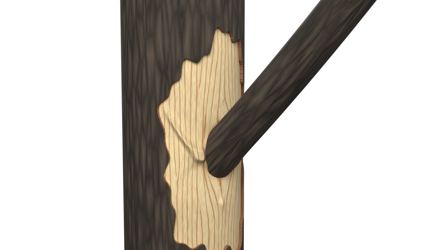 Rendered branch junction with bark peeled back to reveal the modeled wood grain