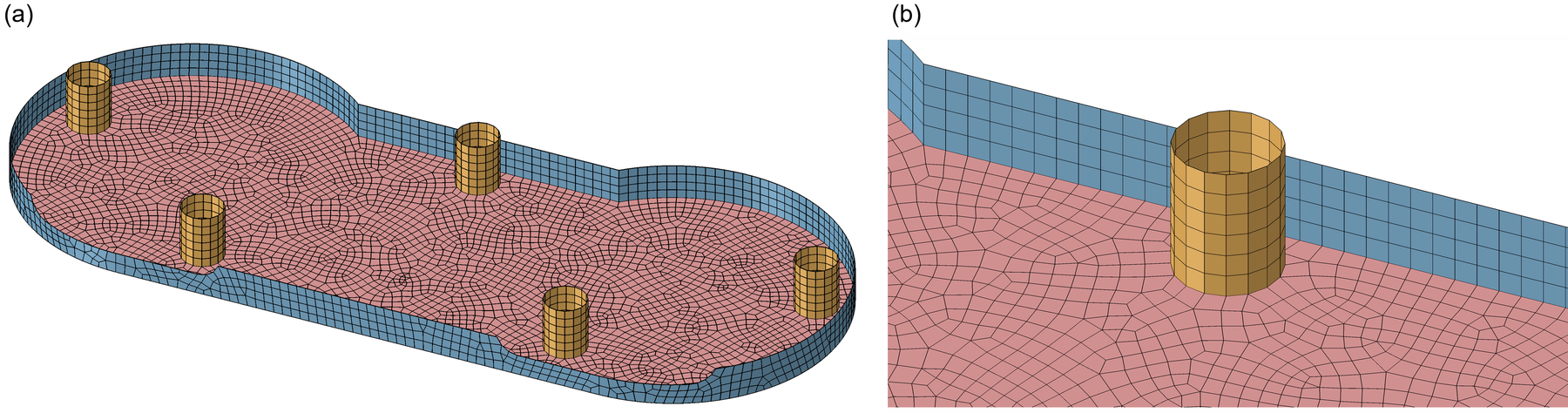 (a) S4R mesh, 1.5 mm seed. (b) Close-up of a boss.