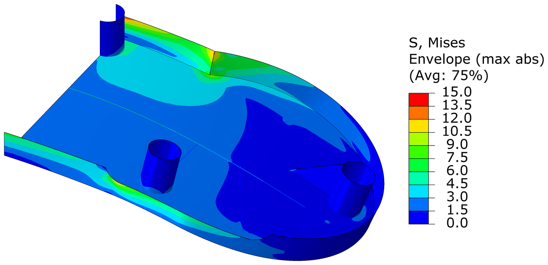 Case A, Mises envelope, deformation ×10. Peak 13.0 MPa at the waist of the back wall.
