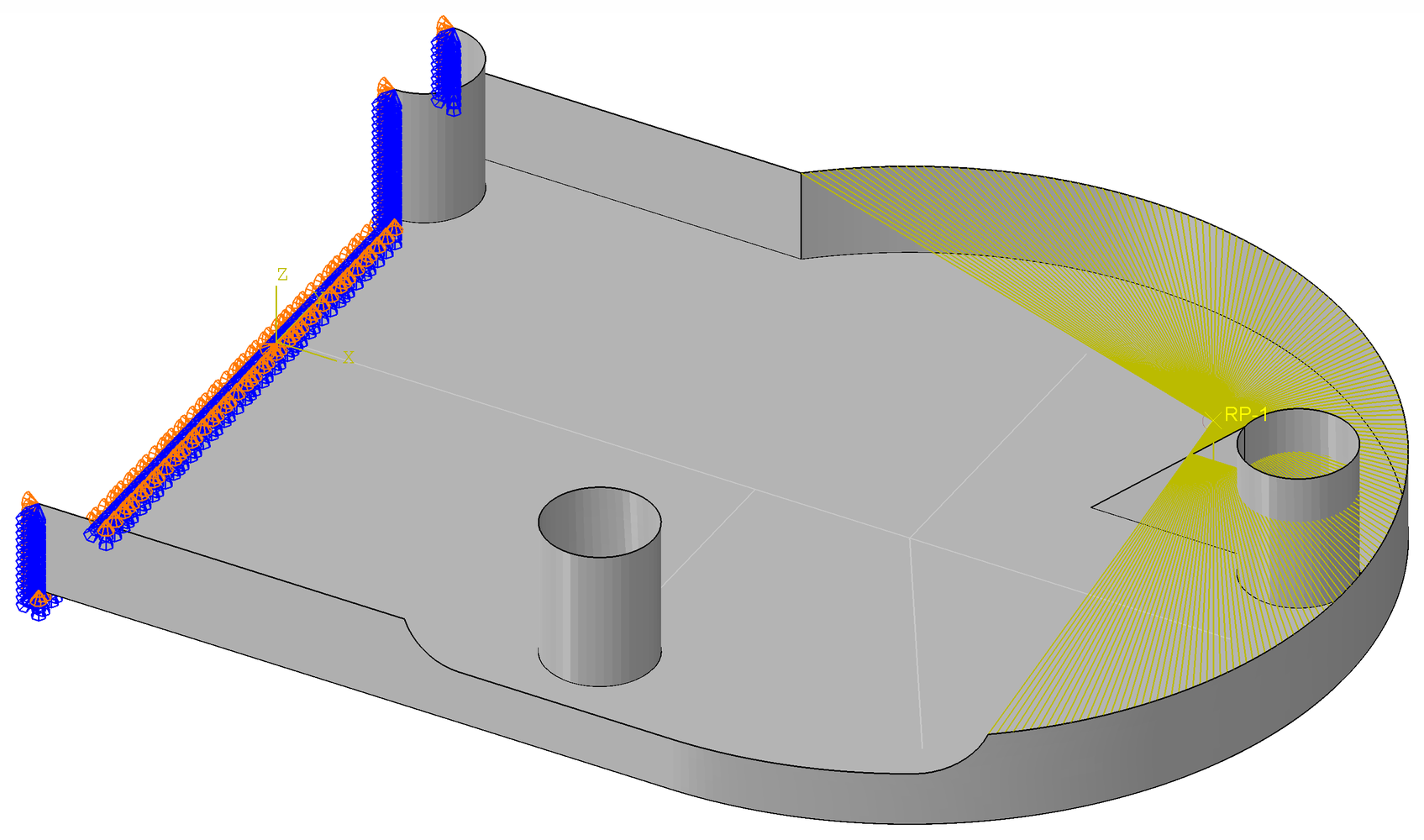 Set-up of case A. Symmetry and held centre line at $x = 0$, and RP-1 coupled to the rim (yellow).